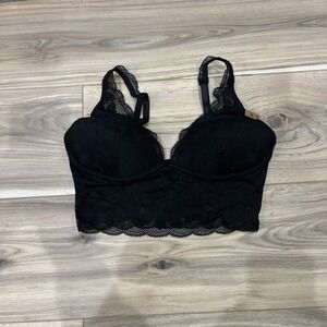 Black Floral Lace Longline Bralette Padded Pink Lining Scalloped Trim Small